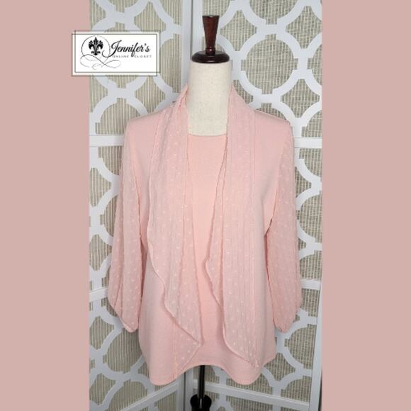 Elle Women's Pink Sheer Swiss Dot Long Sleeve Blouse with Scarf Size L - Picture 1 of 15